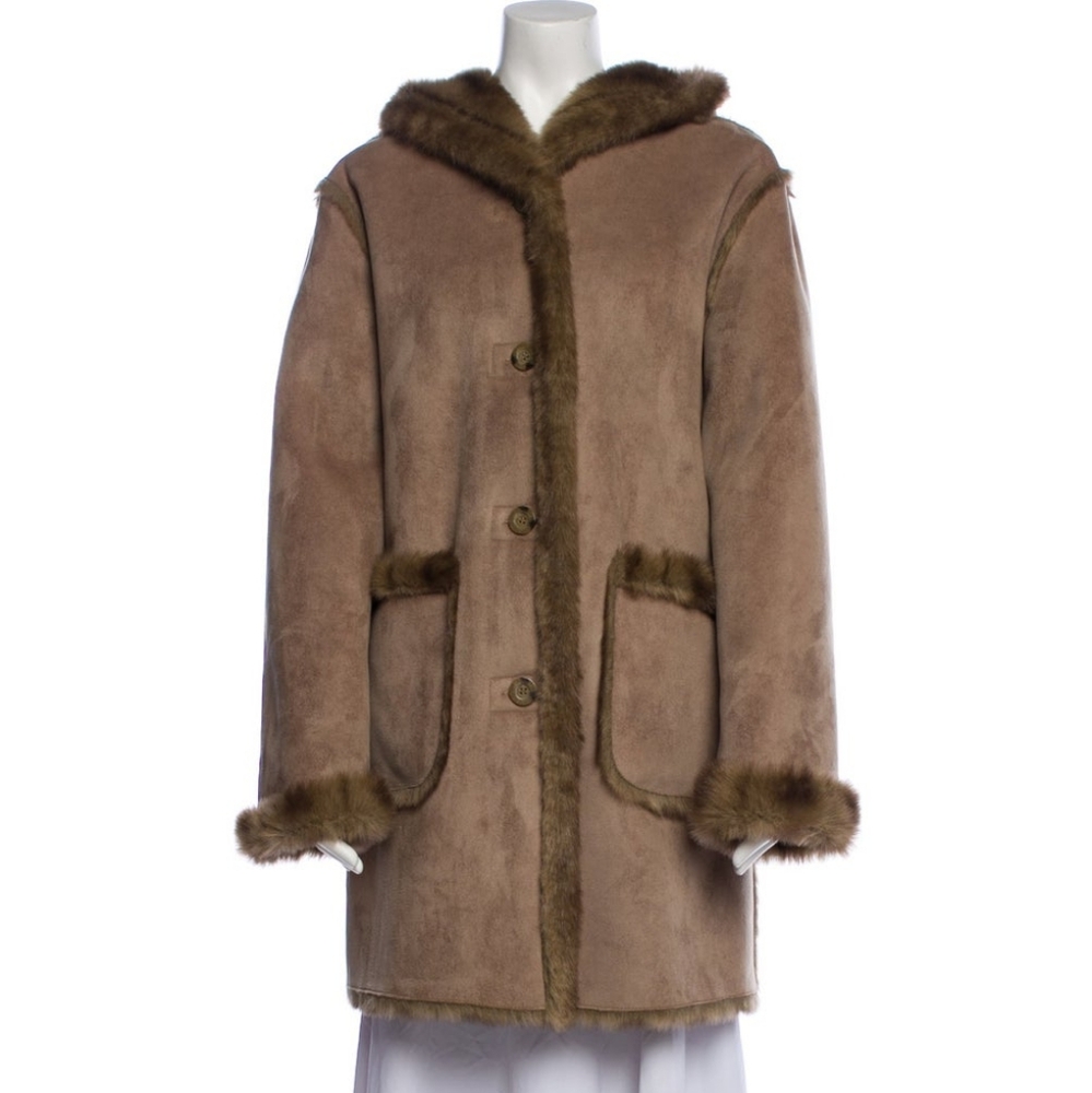 Dennis Basso Vintage Faux Fur Trimmed Suede Hooded Coat XSM